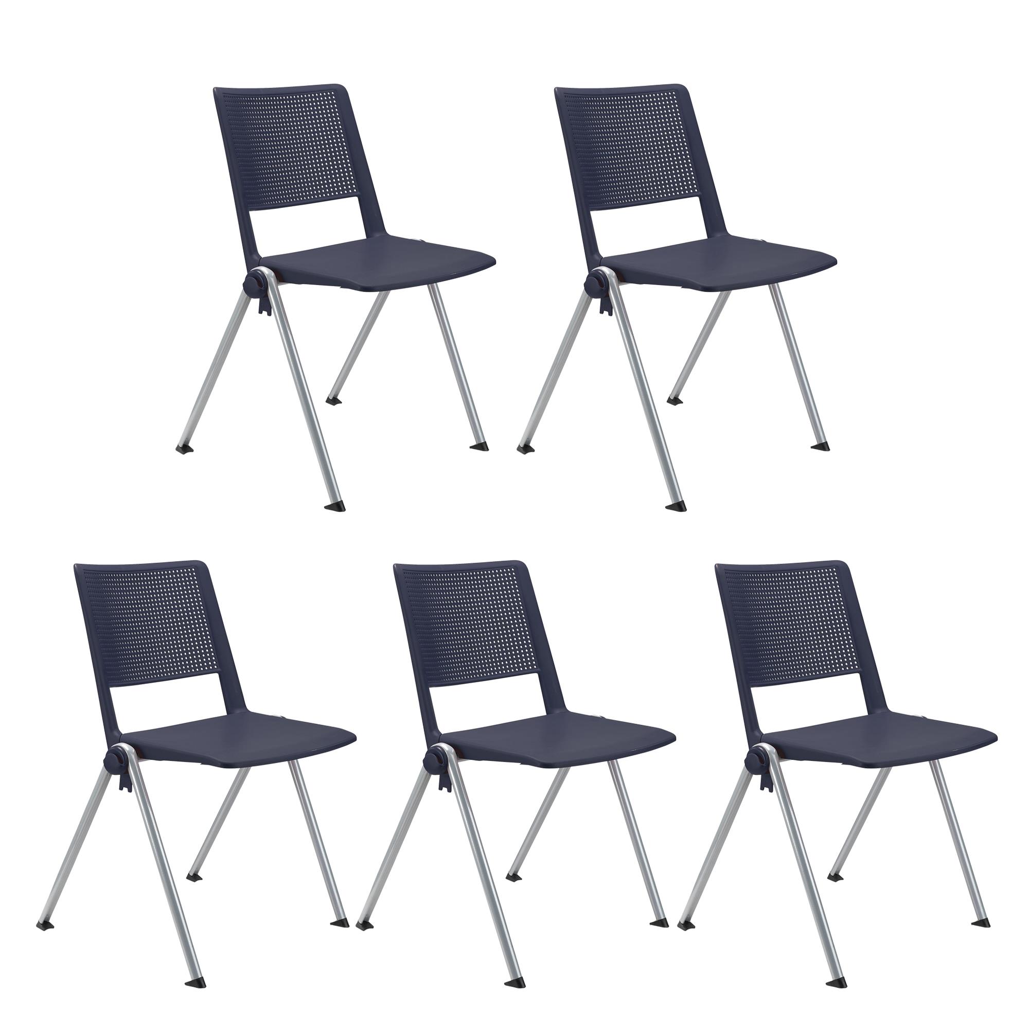 Lot de 5 chaises visiteur CARINA, Empilable, Crochets d’Attache, Piétement Gris, Bleu