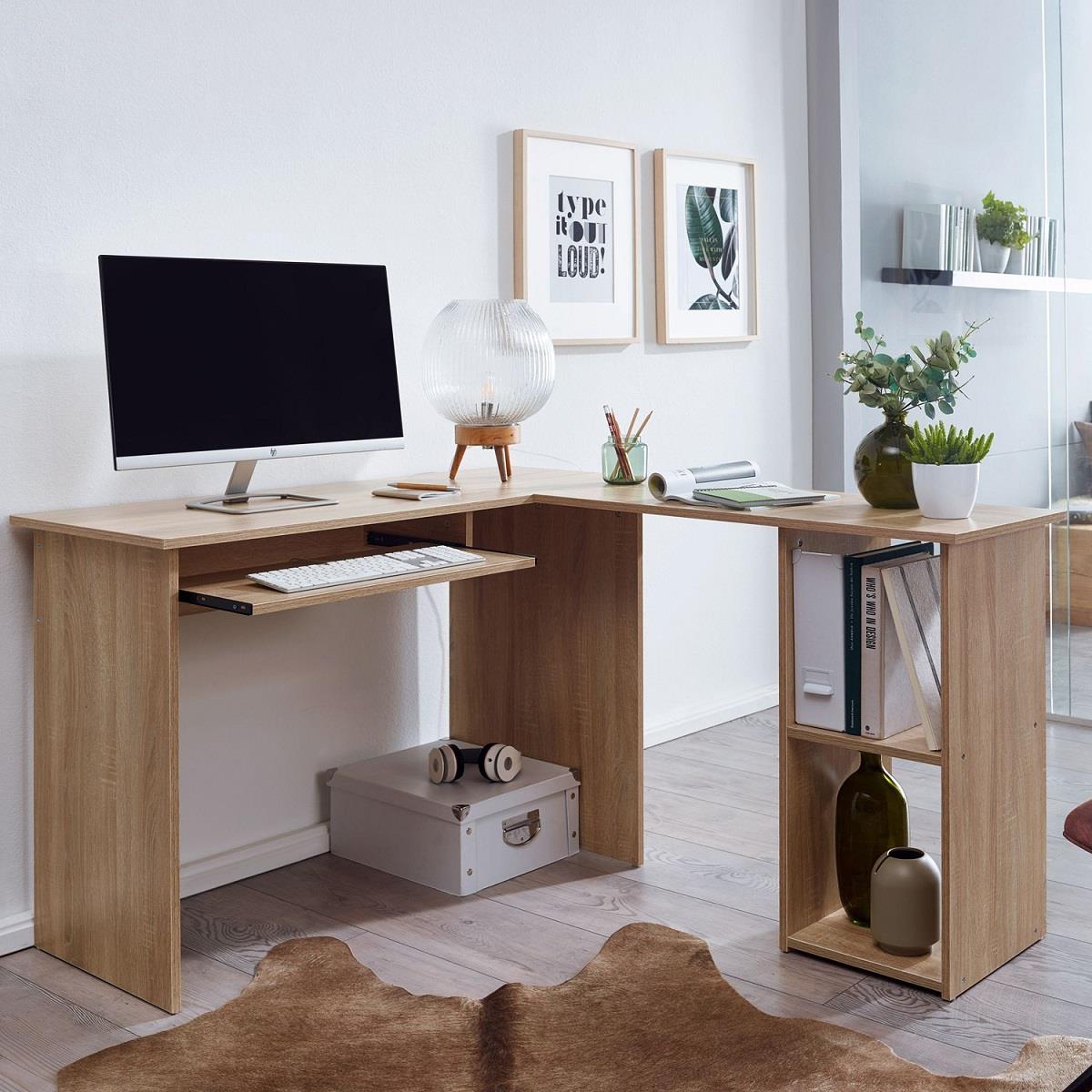 Bureau Informatique OLONG, 140x120x75,5 cm, Support Clavier, en Bois de  Chêne 