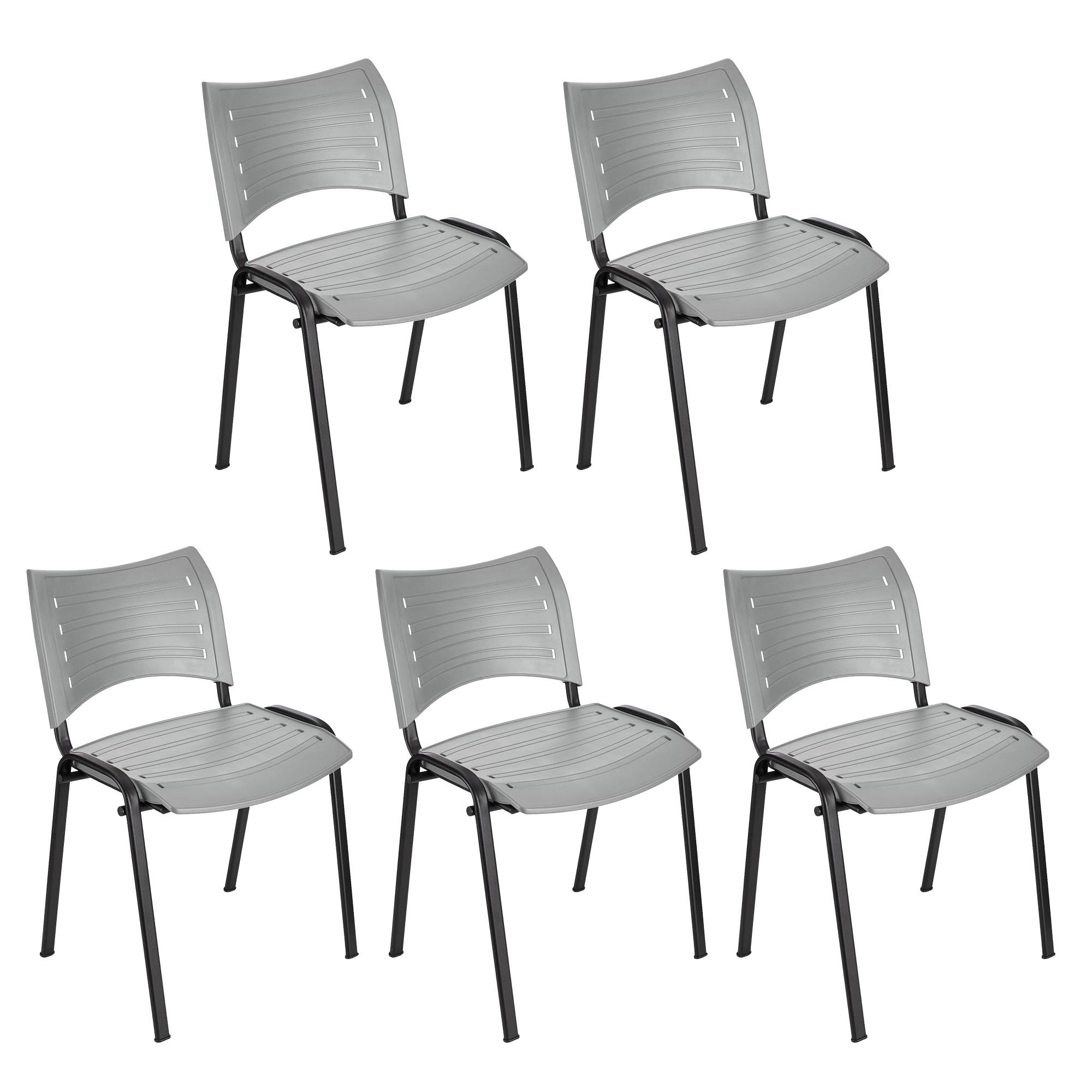 Lot de 5 chaises visiteur ELVA, empilables et très pratiques, grande qualité, Gris et Piétement Noir