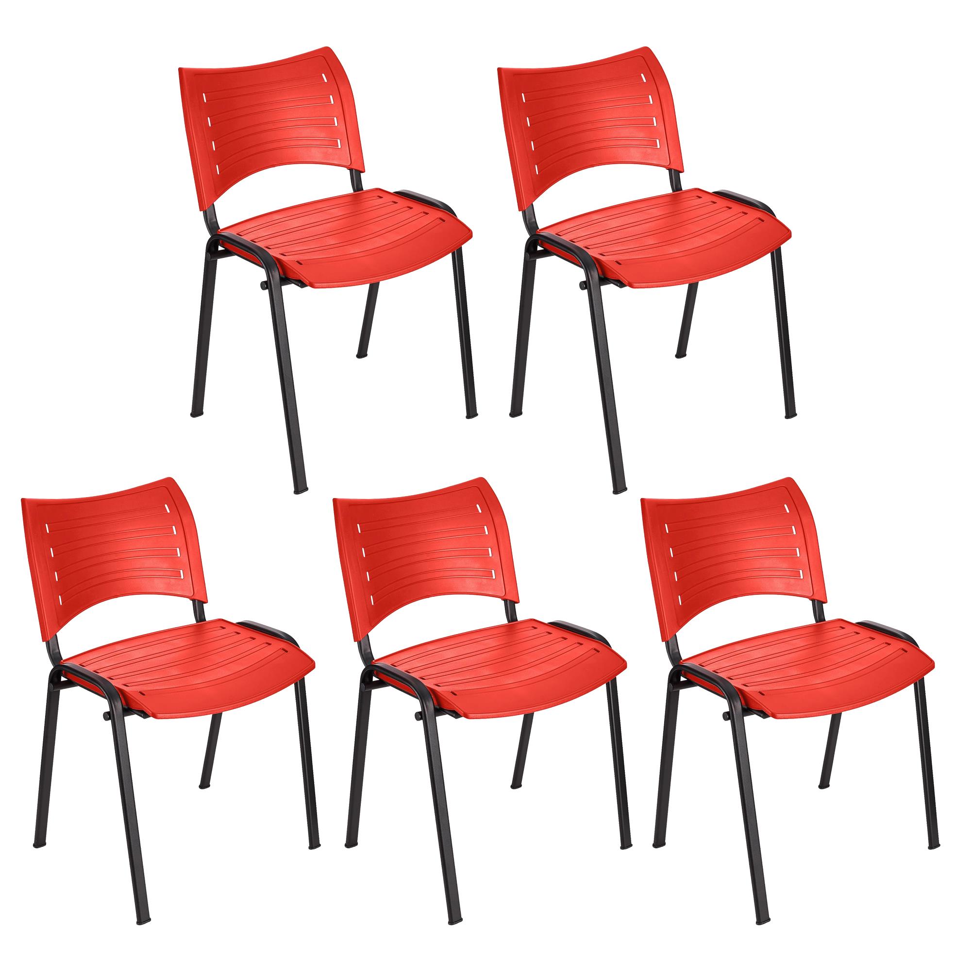 Lot de 5 chaises visiteur ELVA, empilables et très pratiques, grande qualité, Rouge et Piétement Noir