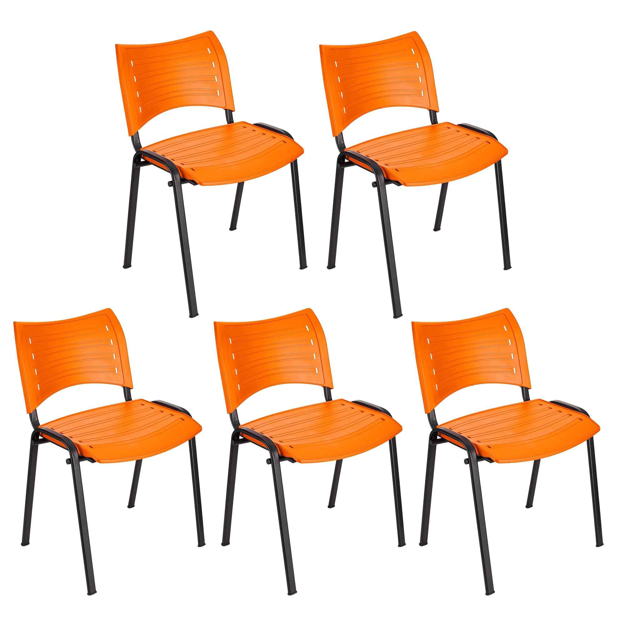 Lot de 5 chaises visiteur ELVA, empilables et très pratiques, grande qualité, Orange et Piétement Noir