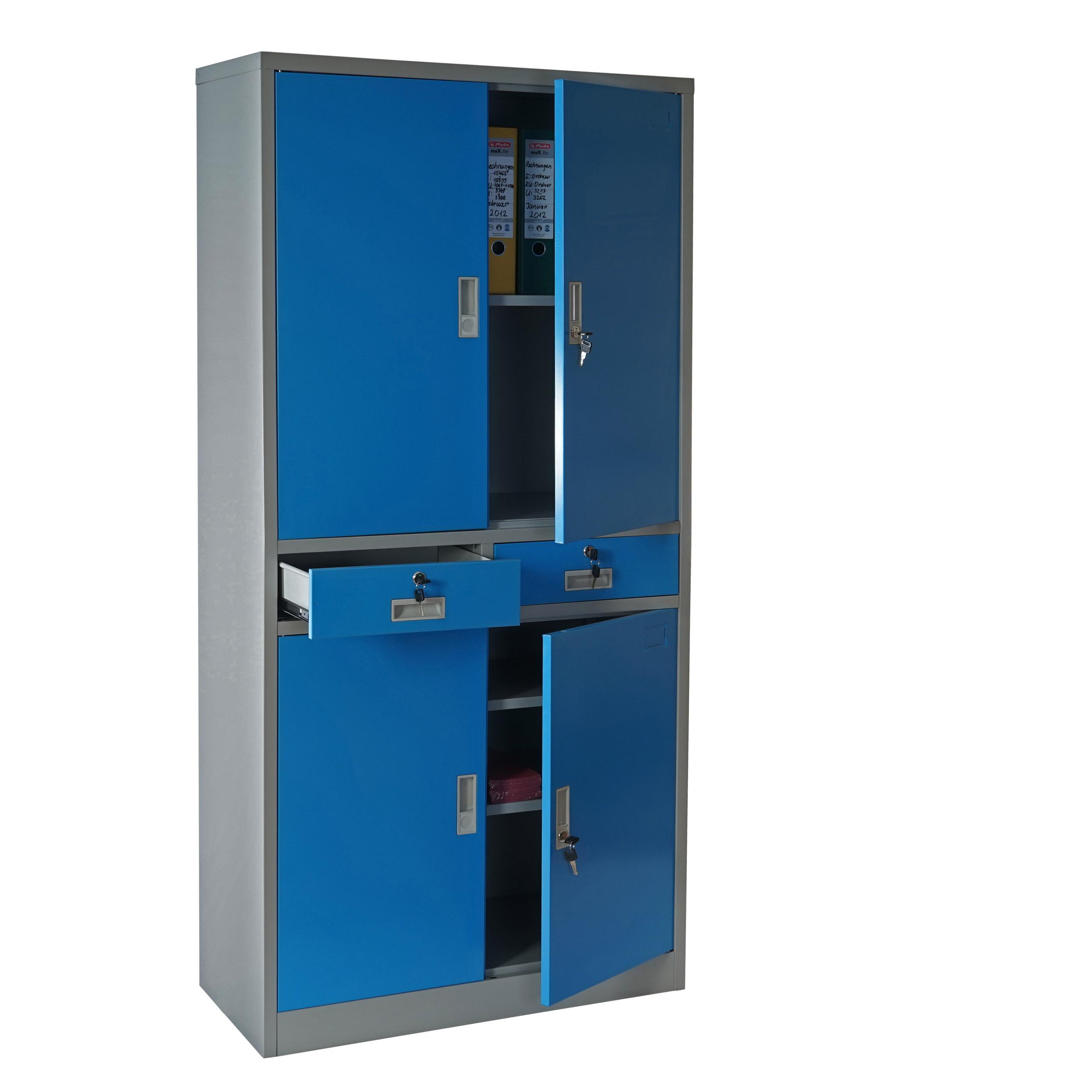 Meuble classeur EDIT, 4 portes, 2 tiroirs, 180x85x40 cm, en Acier Bleu