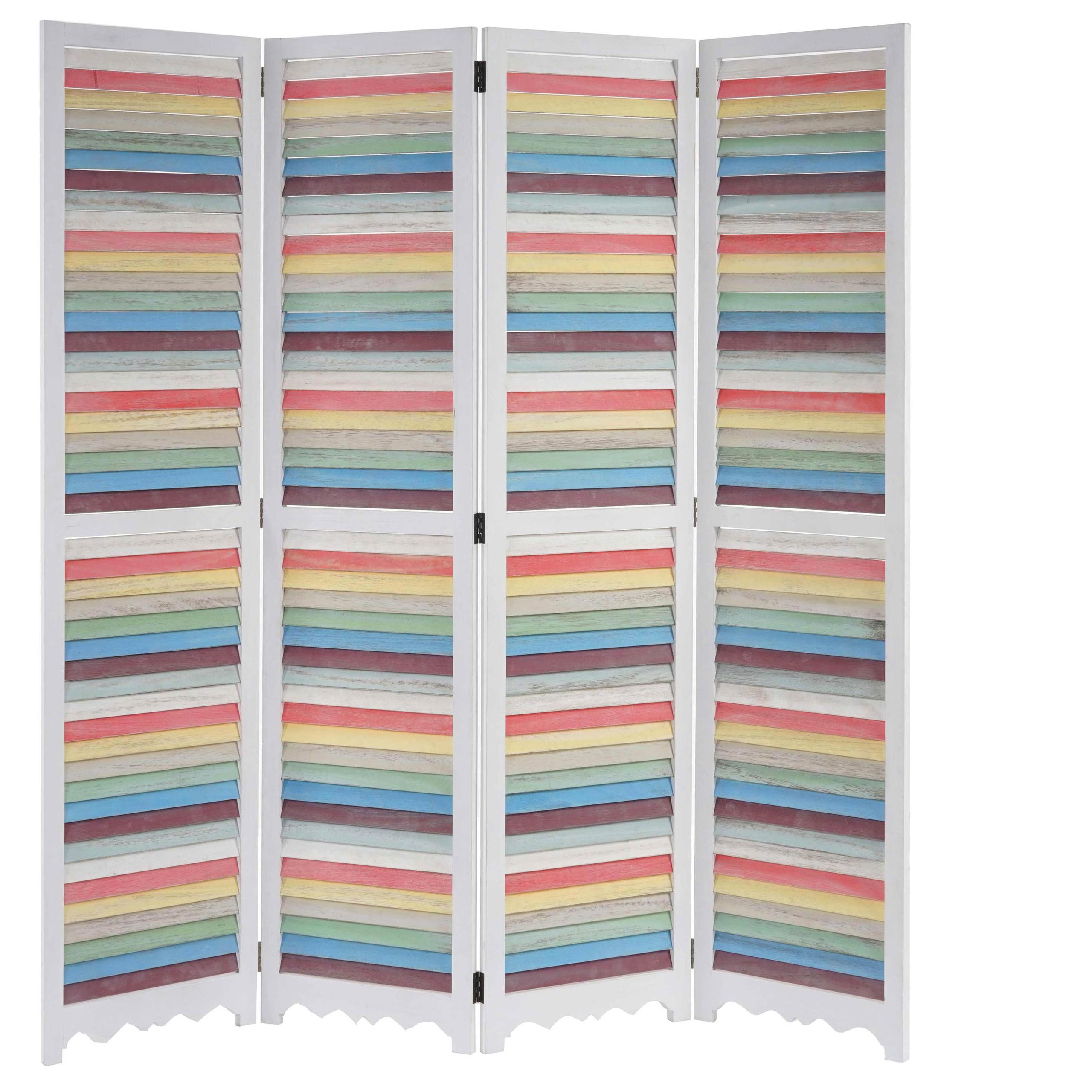 Paravent 4 panneaux GERD, 170x160x2cm, Structure en Bois, Blanc et Multicolore