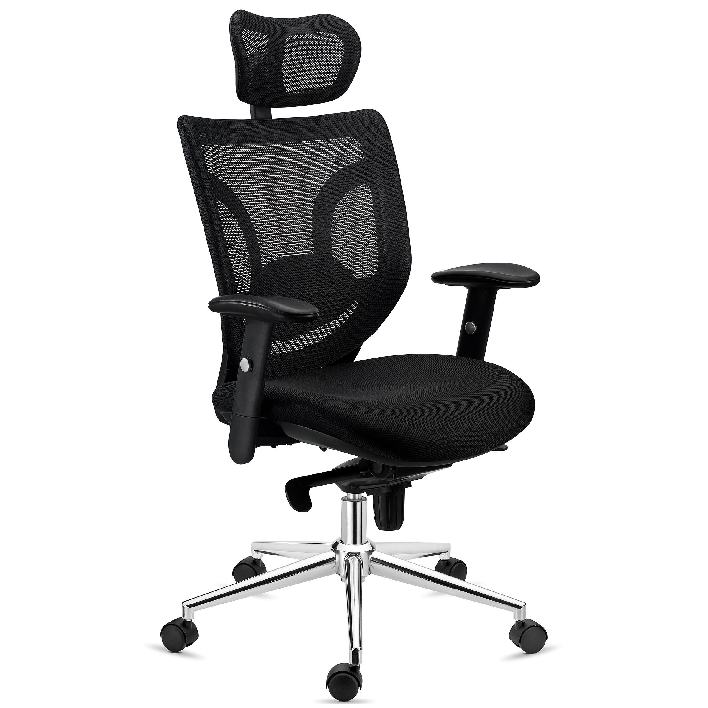 Chaise de bureau ergonomique LAMBO PRO, appui-tête, support lombaire  ajustable, en maille respirante, noir 