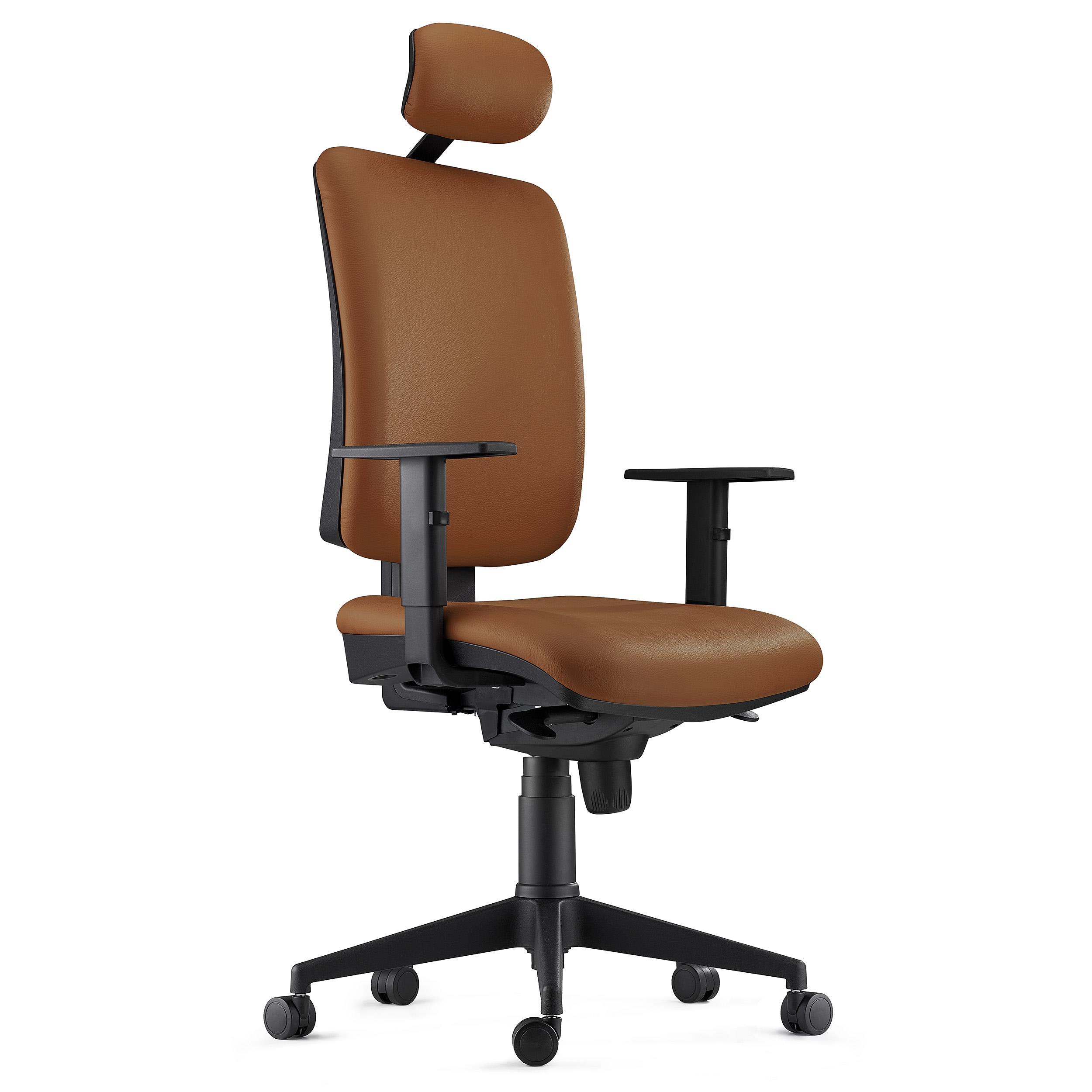 Chaise ergonomique PIERO, Appui-tête et Accoudoirs Ajustables, en Cuir Authentique Marron