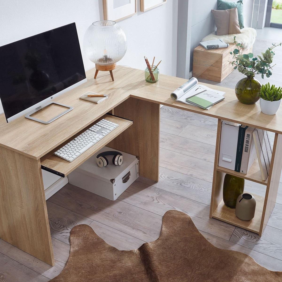 Bureau Informatique OLONG, 140x120x75,5 cm, Support Clavier, en Bois de  Chêne 