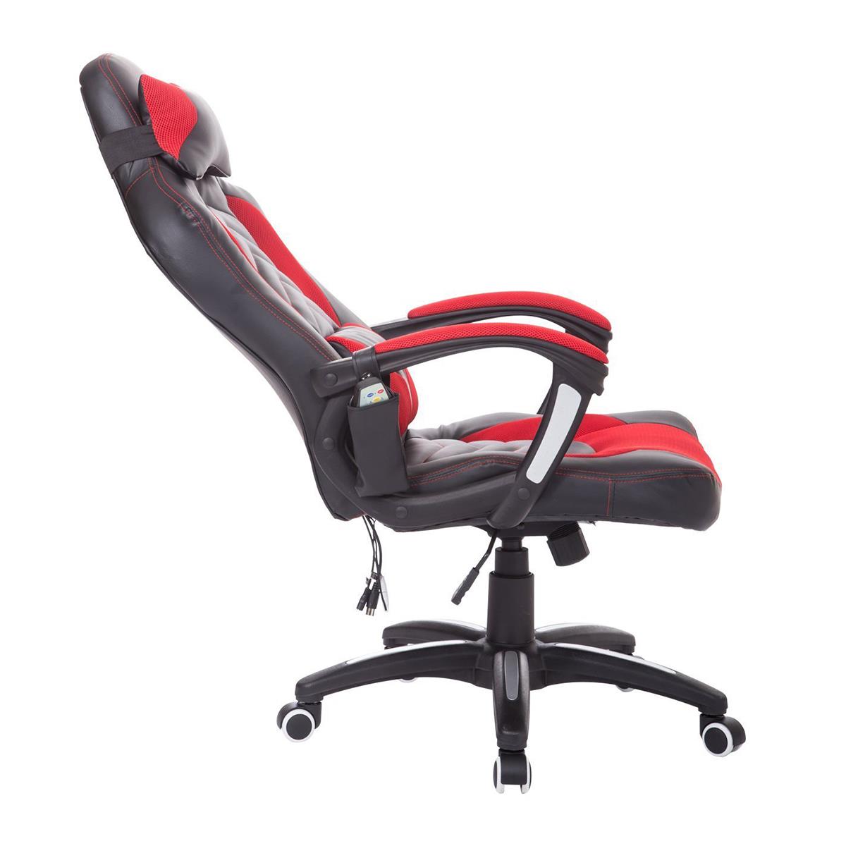 Fauteuil Gaming KARL, Massage et Siège Chauffant, en Cuir Noir et Maille  Rouge 