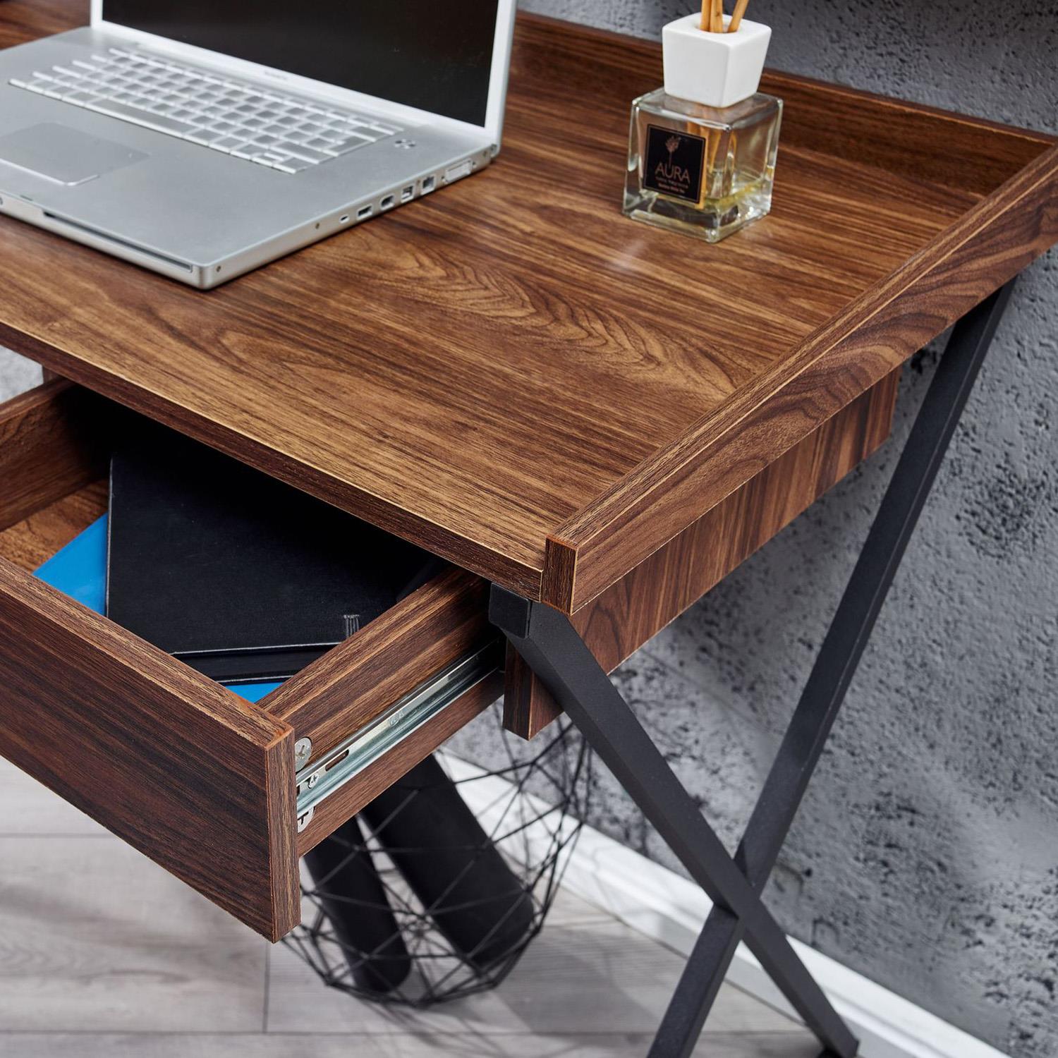 Bureau de travail bois Noyer et noir avec rangement