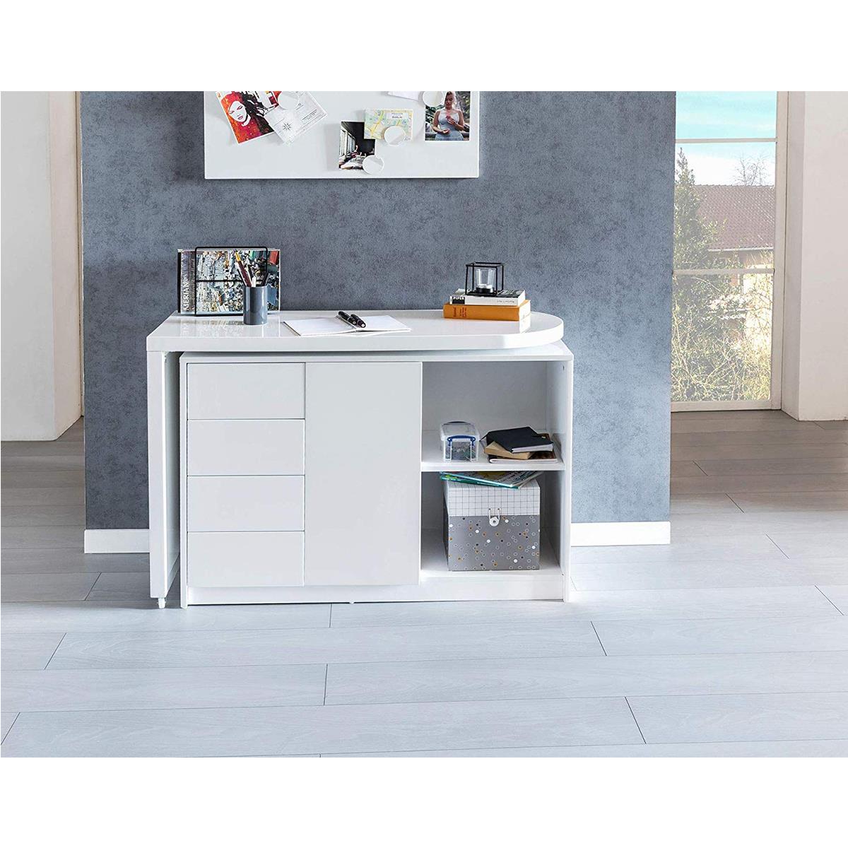 Bureau extensible PAVEL - Plateau pivotant 360° - MDF - Blanc et chêne