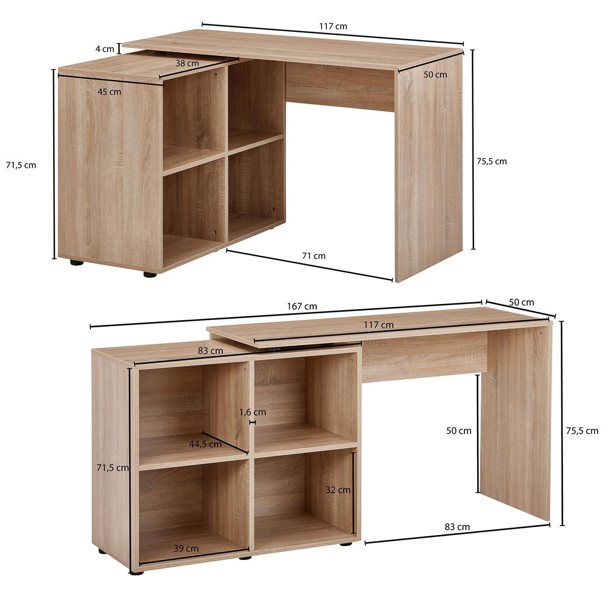 Bureau Informatique SAKURA, Étagère Intégrée Modulable, en Bois, Couleur  Chêne 