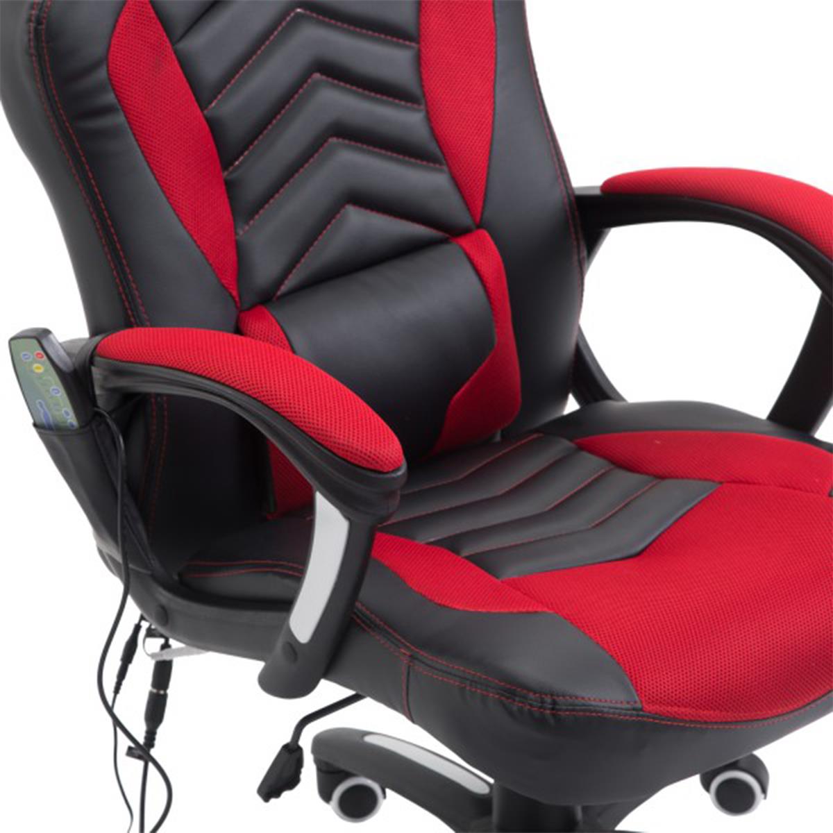 Fauteuil Gaming KARL, Massage et Siège Chauffant, en Cuir Noir et Maille  Rouge 