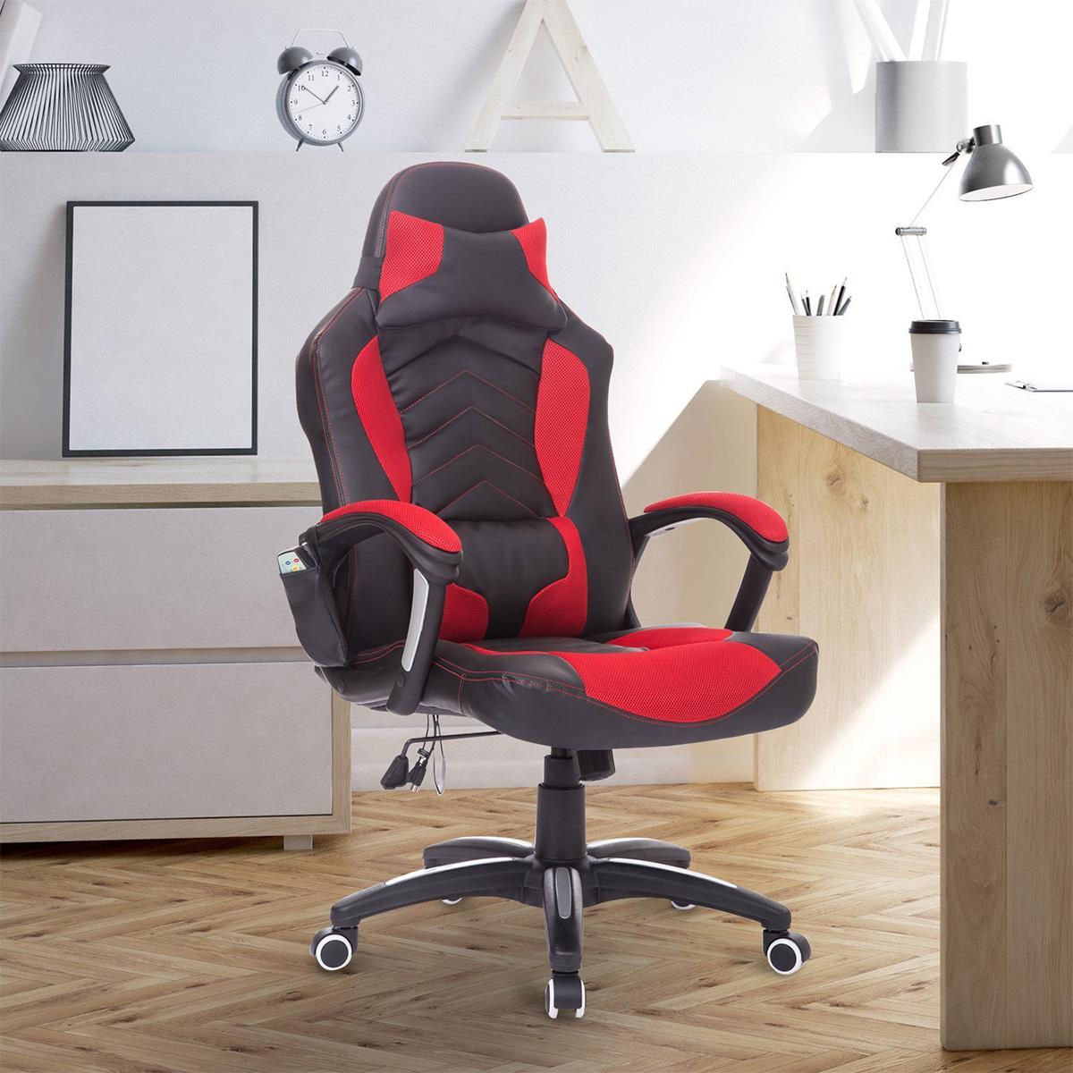 Fauteuil Gaming KARL, Massage et Siège Chauffant, en Cuir Noir et Maille  Rouge 