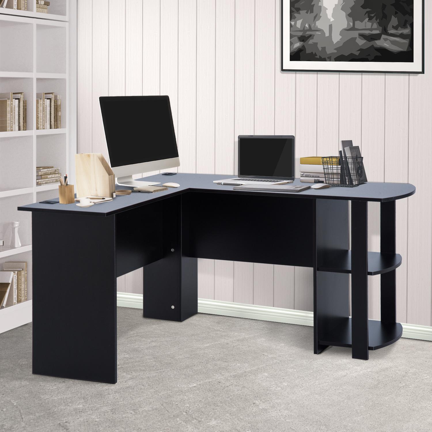 Table Bureau d'Angle avec 2 Tiroirs Table Imformatique pour Ordinateur avec  Etagère de Rangement Noir