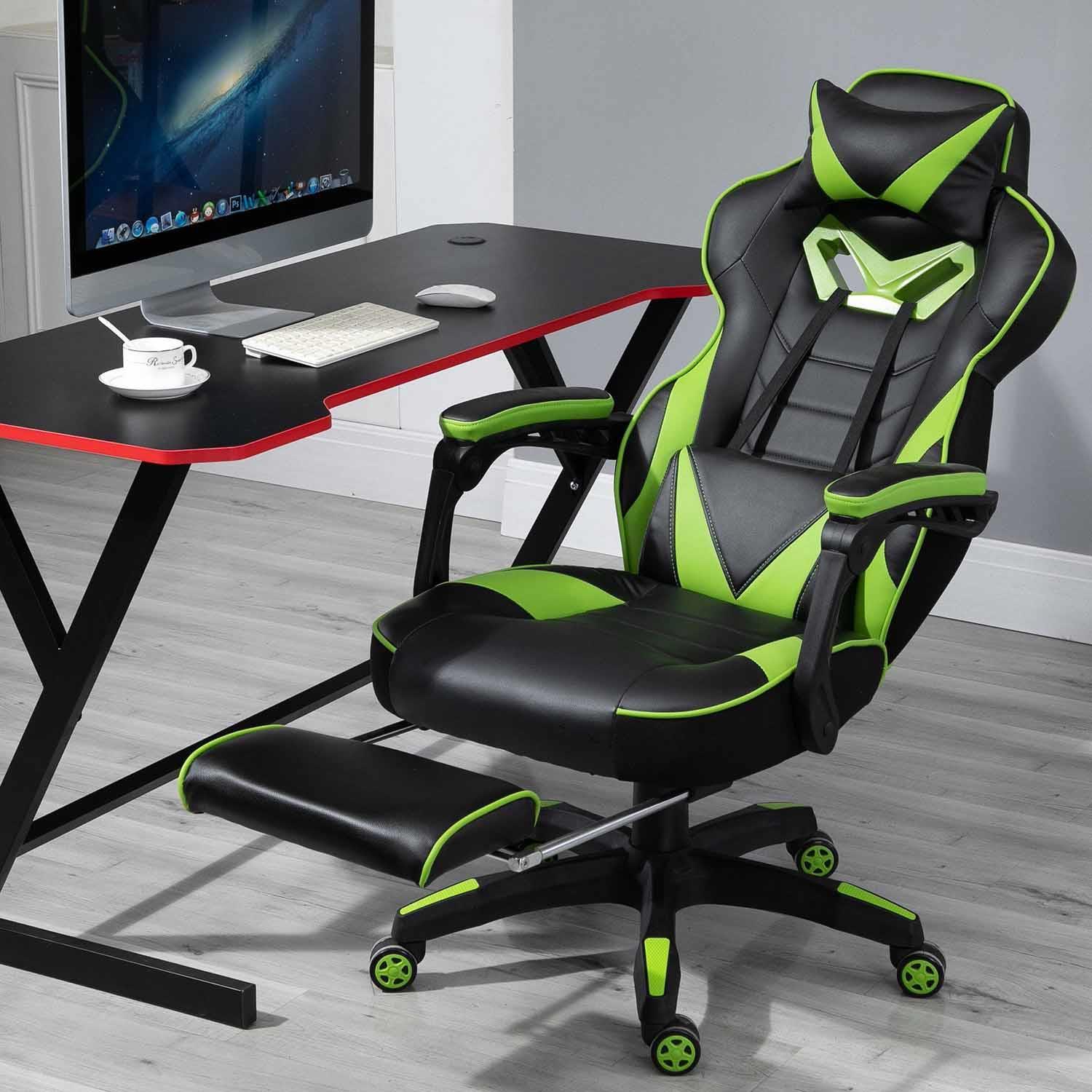 Fauteuil Gamer TRONE avec Repose-pieds, Inclinable, Grand Confort, Cuir,  Noir/Vert 