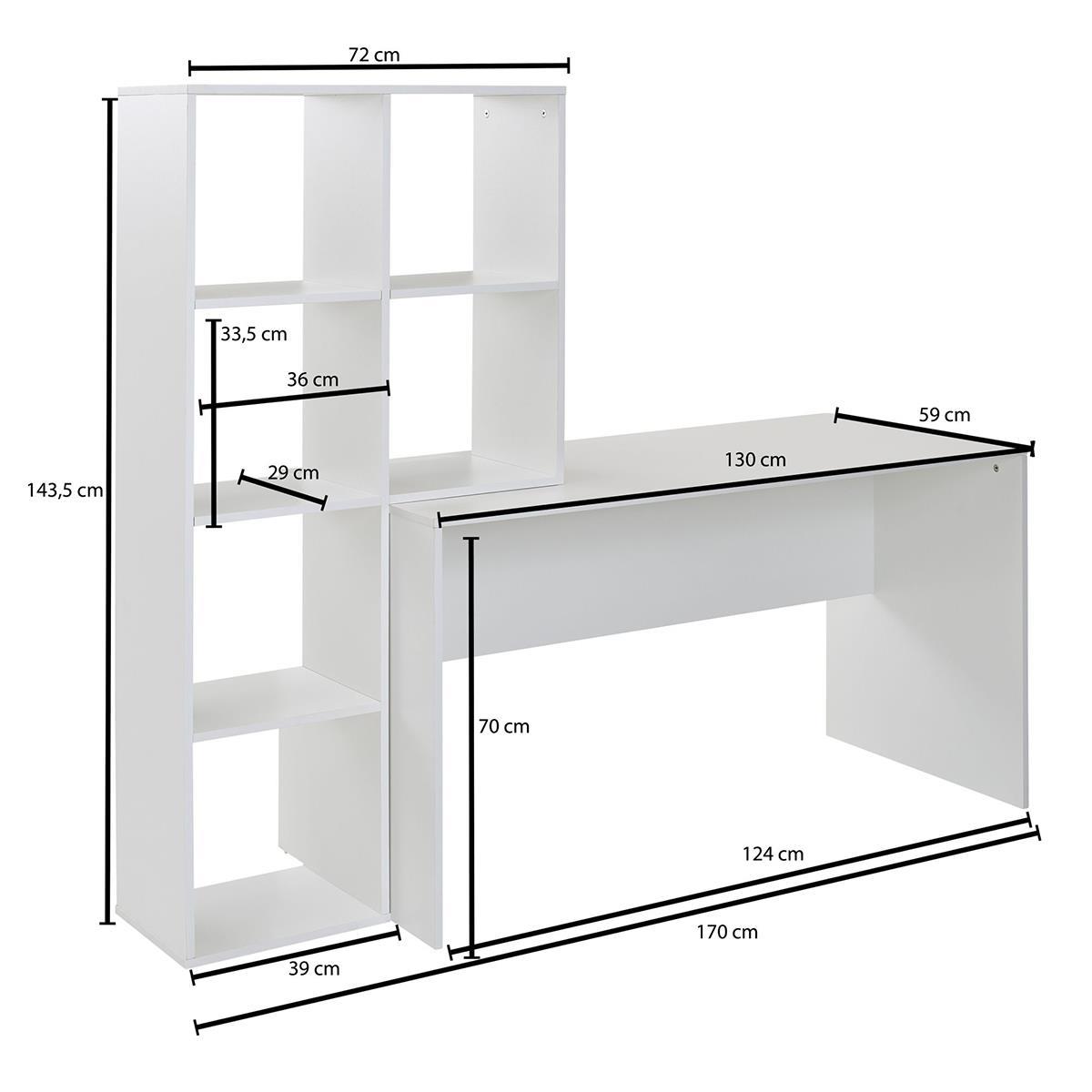 Bureau Informatique GILDA, Étagère Intégrée Modulable, en Bois, Blanc 