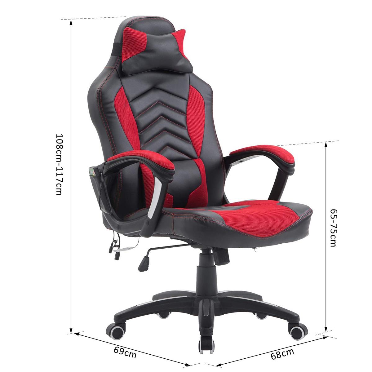 Fauteuil Gaming KARL, Massage et Siège Chauffant, en Cuir Noir et Maille  Rouge 