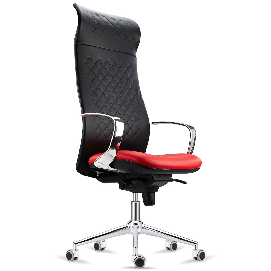 Fauteuil Ergonomique YEDA, Dossier Haut, Piétement Métallique, en Cuir Noir et Rouge
