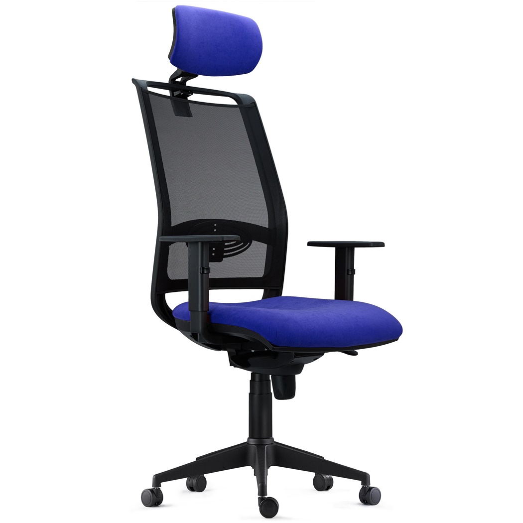 Chaise Ergonomique NEPTUNE, Appui-Tête, Support Lombaire, Utilisation 8 Heures, en Maille Noire et Tissu, Bleu Foncé 