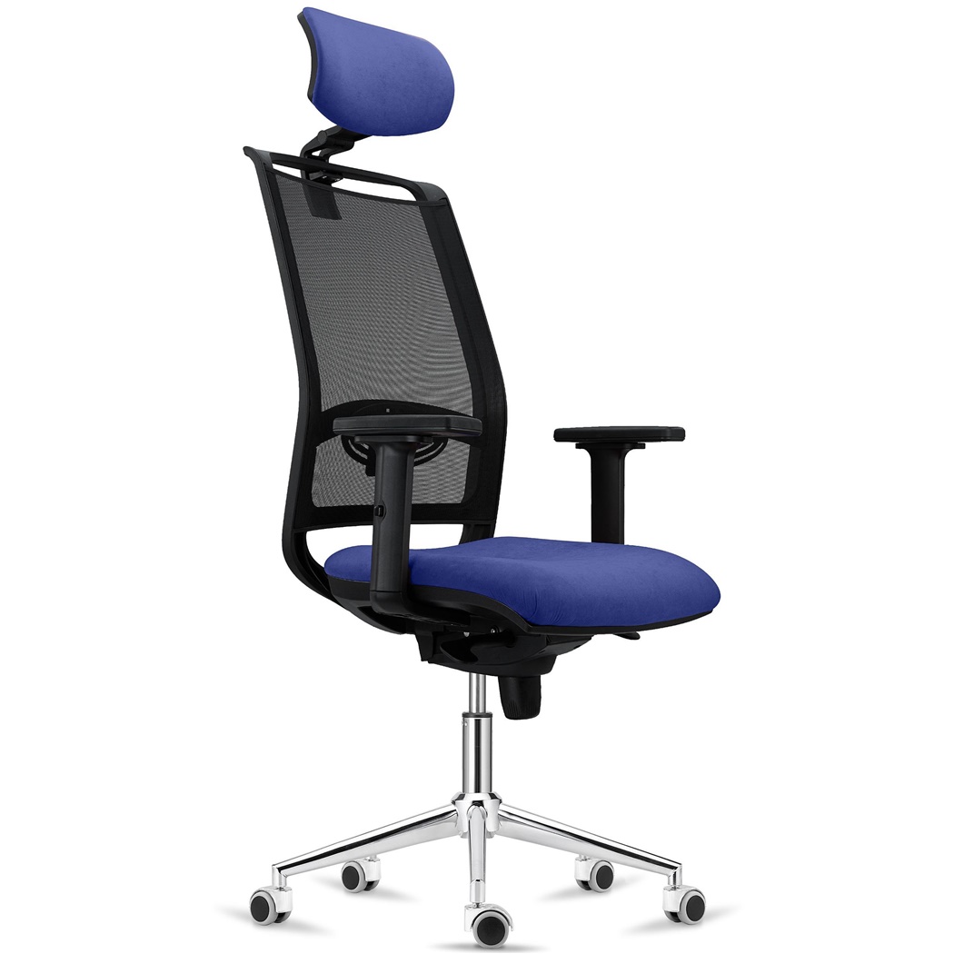 Chaise Ergonomique NEPTUNE, Appui-Tête, Support Lombaire, Utilisation 8 Heures, Piétement Métallique, en Maille Noire et Tissu Bleu Foncé 