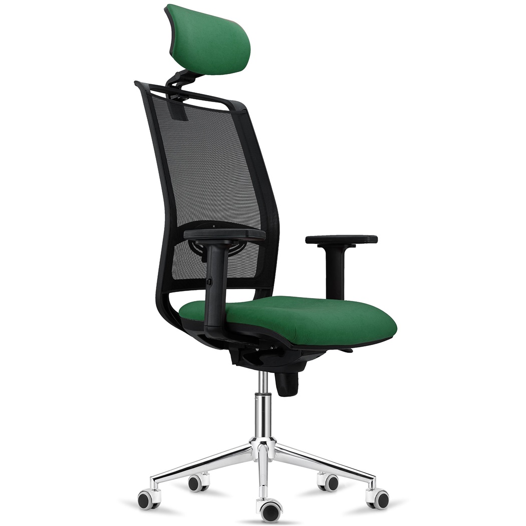 Chaise Ergonomique NEPTUNE, Appui-Tête, Support Lombaire, Utilisation 8 Heures, Piétement Métallique, en Maille Noire et Tissu Vert