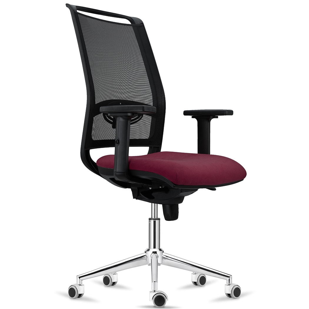 Chaise Ergonomique NEPTUNE, Support Lombaire Ajustable, Piétement Métallique, en Maille et Tissu Bordeaux