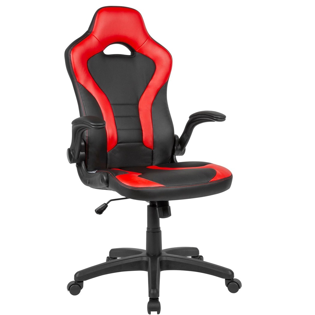 Chaise Gaming CASIPI, Design Sportif, Accoudoirs Rabattables, Cuir, Noir et Rouge