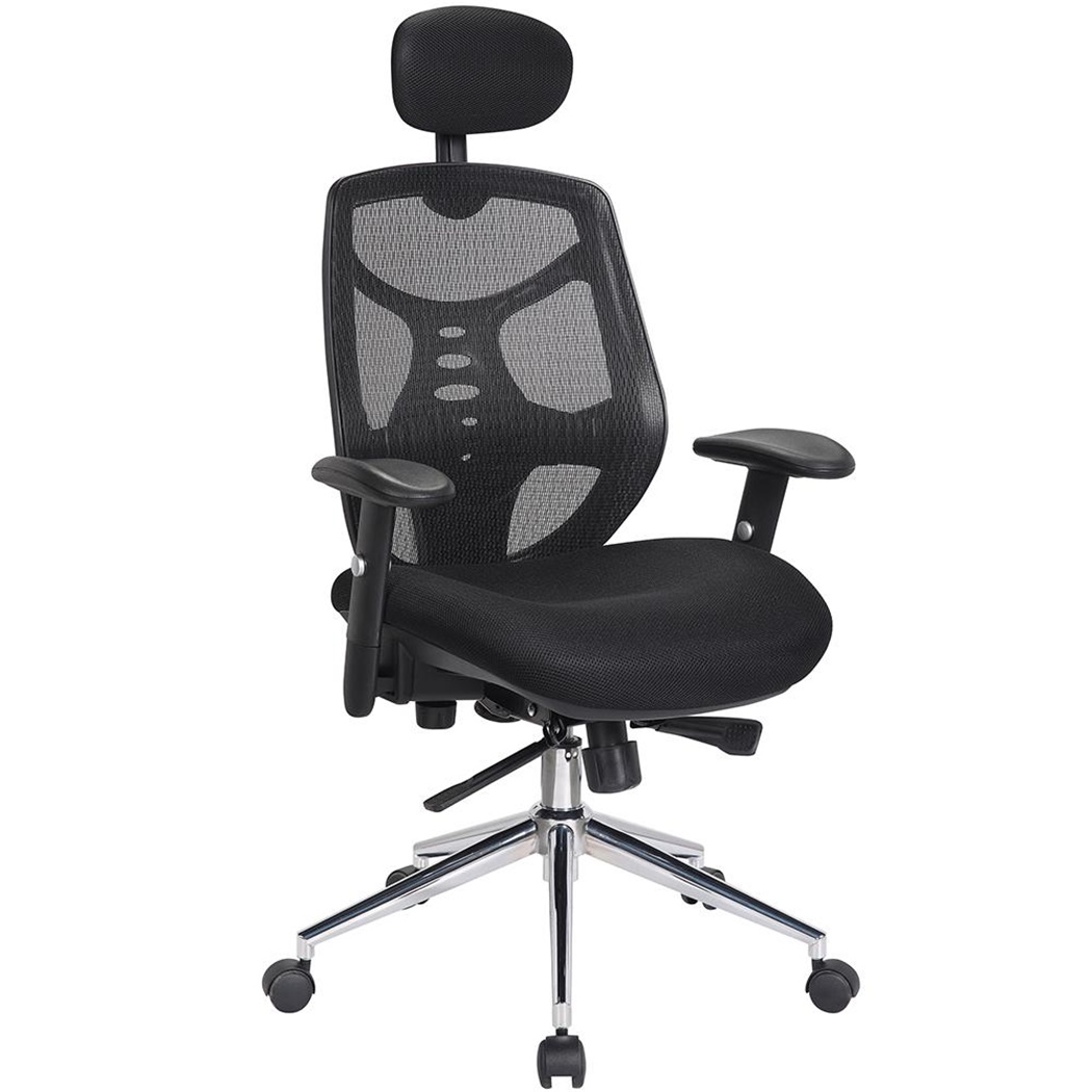 DEMO# Chaise Ergonomique MANTRA, Appui-tête, Support Lombaire, Accoudoirs Ajustables, Noir