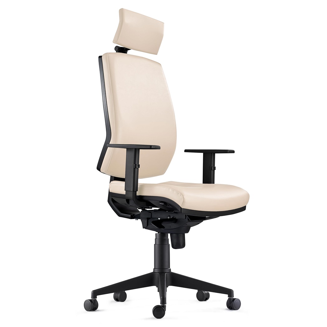 DEMO# Chaise Ergonomique OLIVER, en Cuir Crème, Appui-tête, Utilisation 8 Heures, Rembourrage Epais