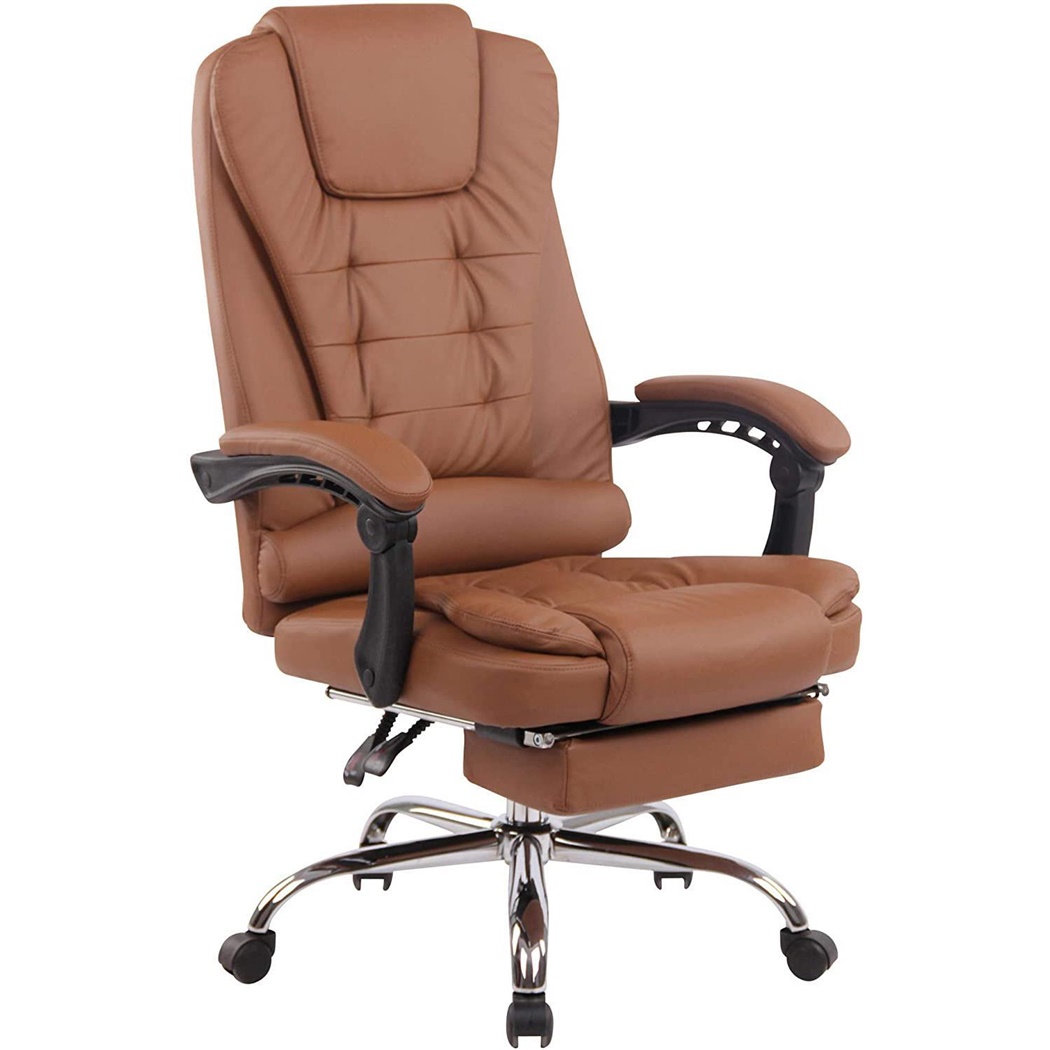 Fauteuil de bureau JAMES, Grand Rembourrage, Repose-pieds, en Cuir Marron Clair