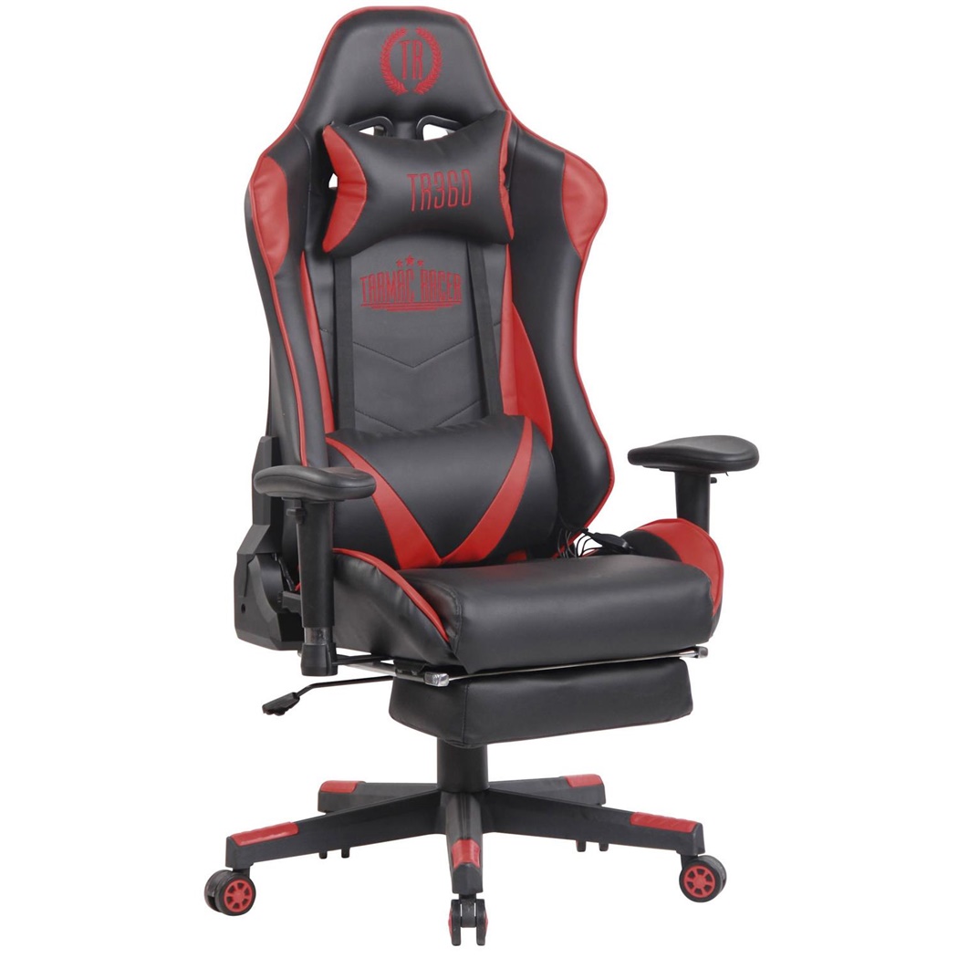 Fauteuil de Bureau Gamer RACING MASSAGE, Dossier Inclinable, en Cuir Noir et Rouge