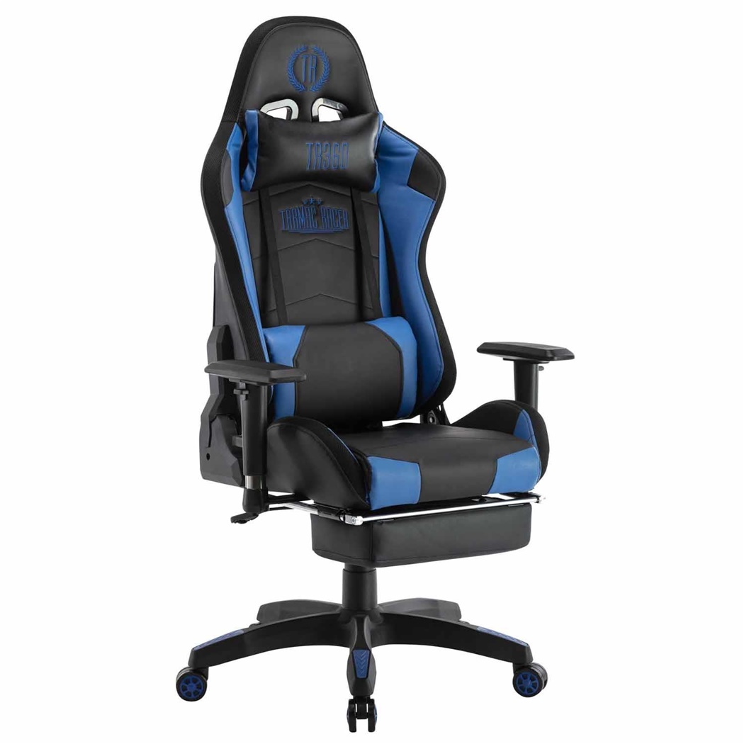 Fauteuil Gamer TURBO LED avec Repose-pieds, Dossier Inclinable, Coussin lombaire et cervical, Noir/Bleu