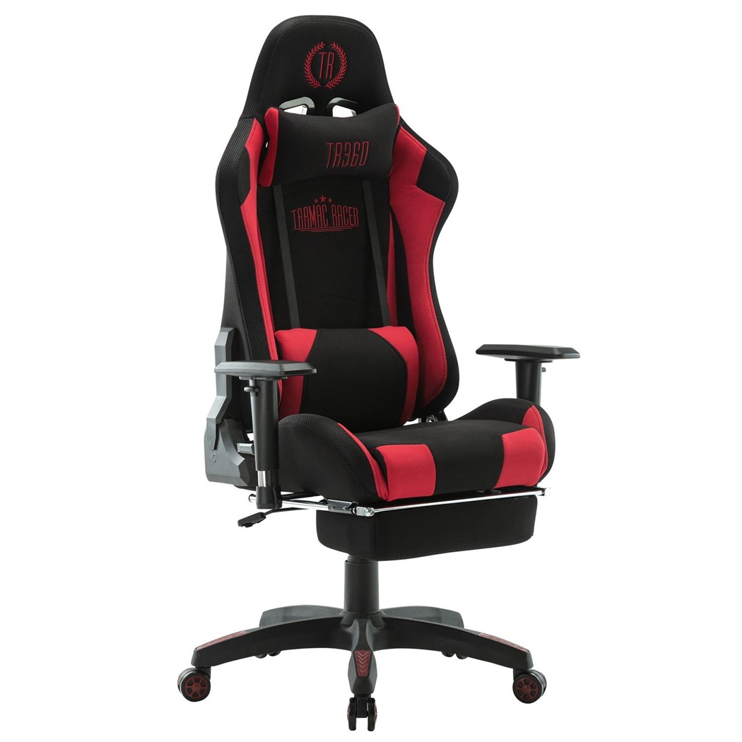 Fauteuil Gamer TURBO TISSU LED avec Repose-pieds, Dossier Inclinable, Coussin lombaire et cervical, Noir/Rouge