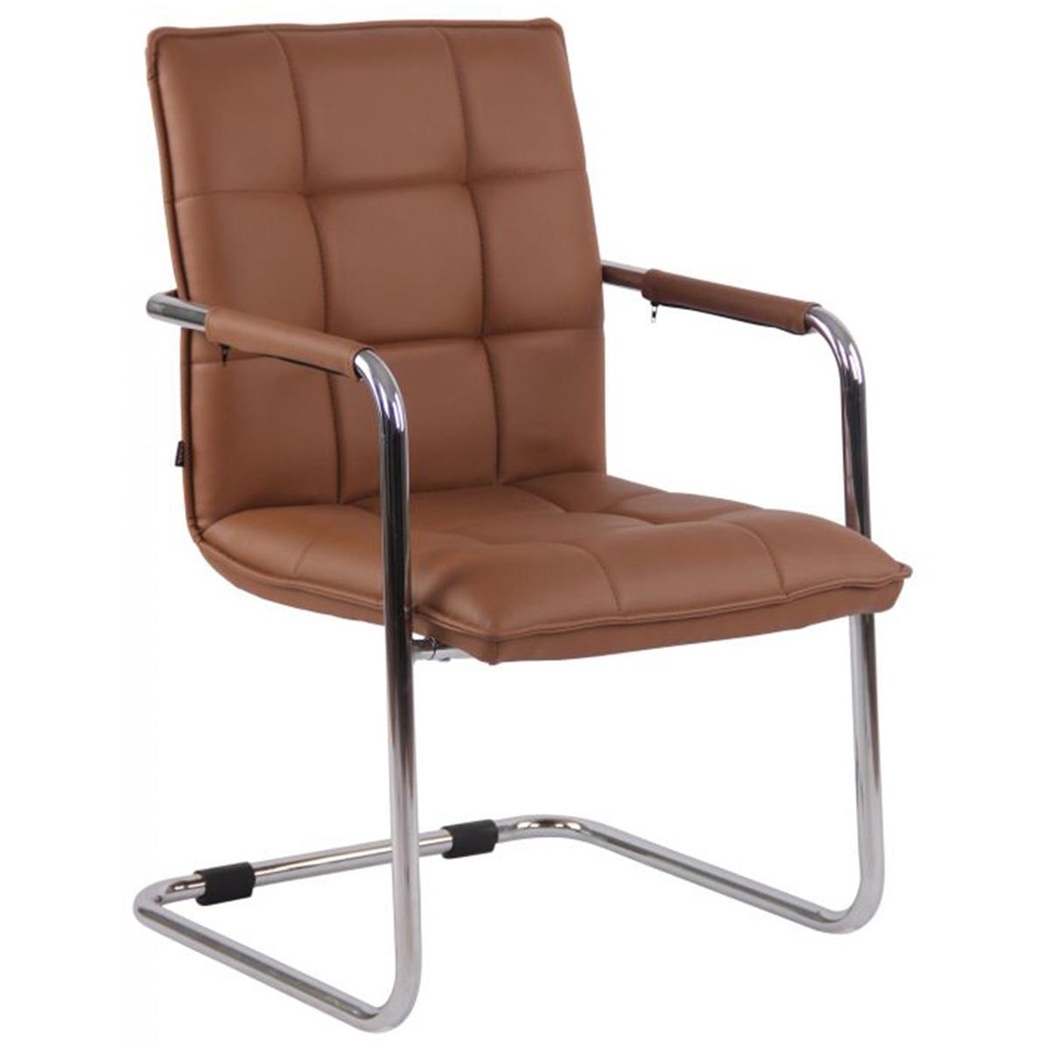 Chaise visiteur TORRES, Structure en Métal Chromé, Revêtement en Cuir, Marron Clair