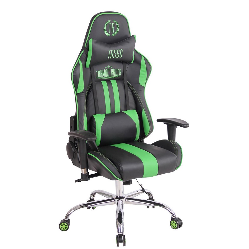 Chaise Gaming INDY MASSAGE, Dossier Inclinable, Fonction Siège Chauffant, en Cuir, Noir/Vert