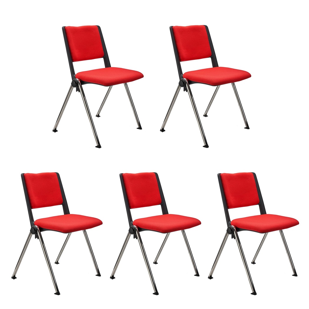 Lot de 5 chaises visiteur CARINA, Empilable, Crochets d’Attache, Piétement Chromé, Tissu Rouge