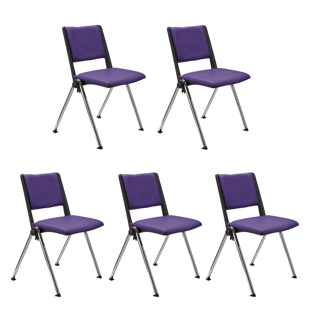 Lot de 5 chaises visiteur CARINA, Empilable, Crochets d’Attache, Piétement Chromé, Cuir Violet