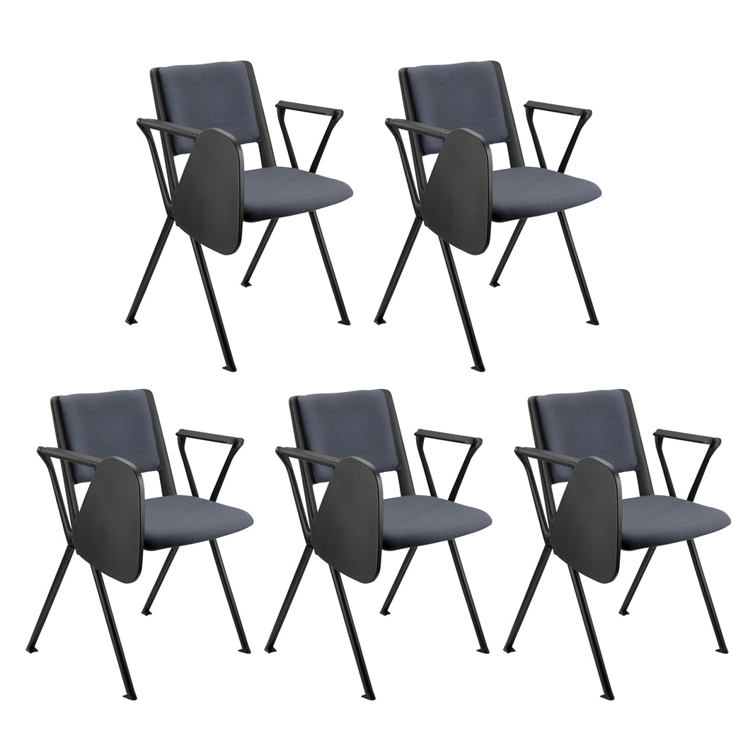 Lot de 5 chaises visiteur CARINA AVEC TABLETTE, Empilable, Crochets d’Attache, Piétement Noir, Tissu Gris