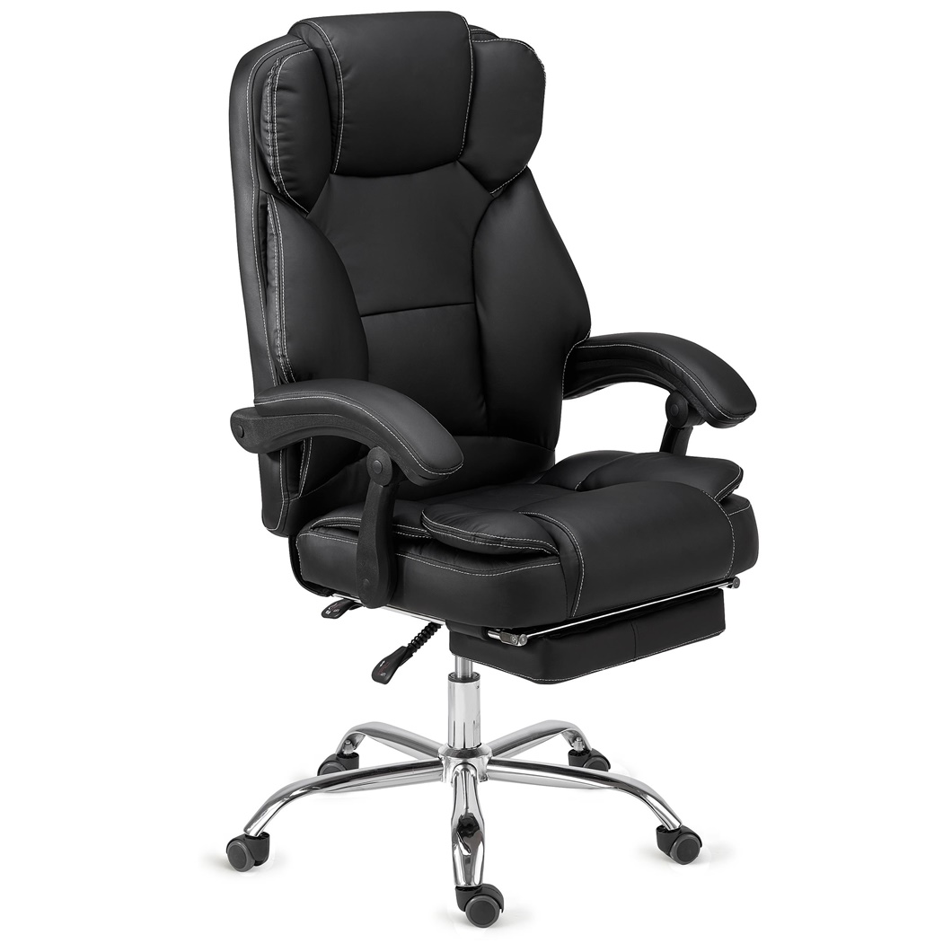 Fauteuil de Bureau LINCON, Très Confortable, Ergonomique, Repose Pieds Extensible, Cuir Noir