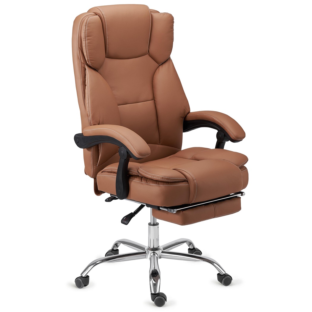 Fauteuil de Bureau LINCON, Très Confortable, Ergonomique, Repose Pieds Extensible, Cuir Marron Clair