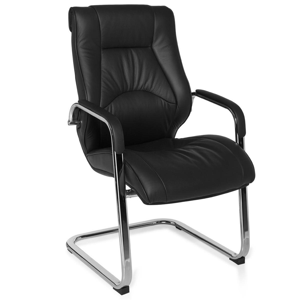 Fauteuil Visiteur WINSTON, Base en Métal Chromé, en Cuir Authentique, Noir