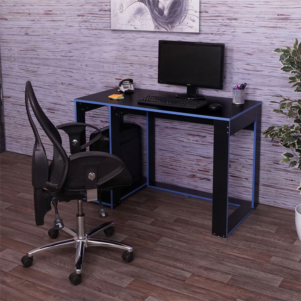 Bureau Informatique RODES, 120x60x76cm, Design Linéaire, En Bois Noir et Bleu