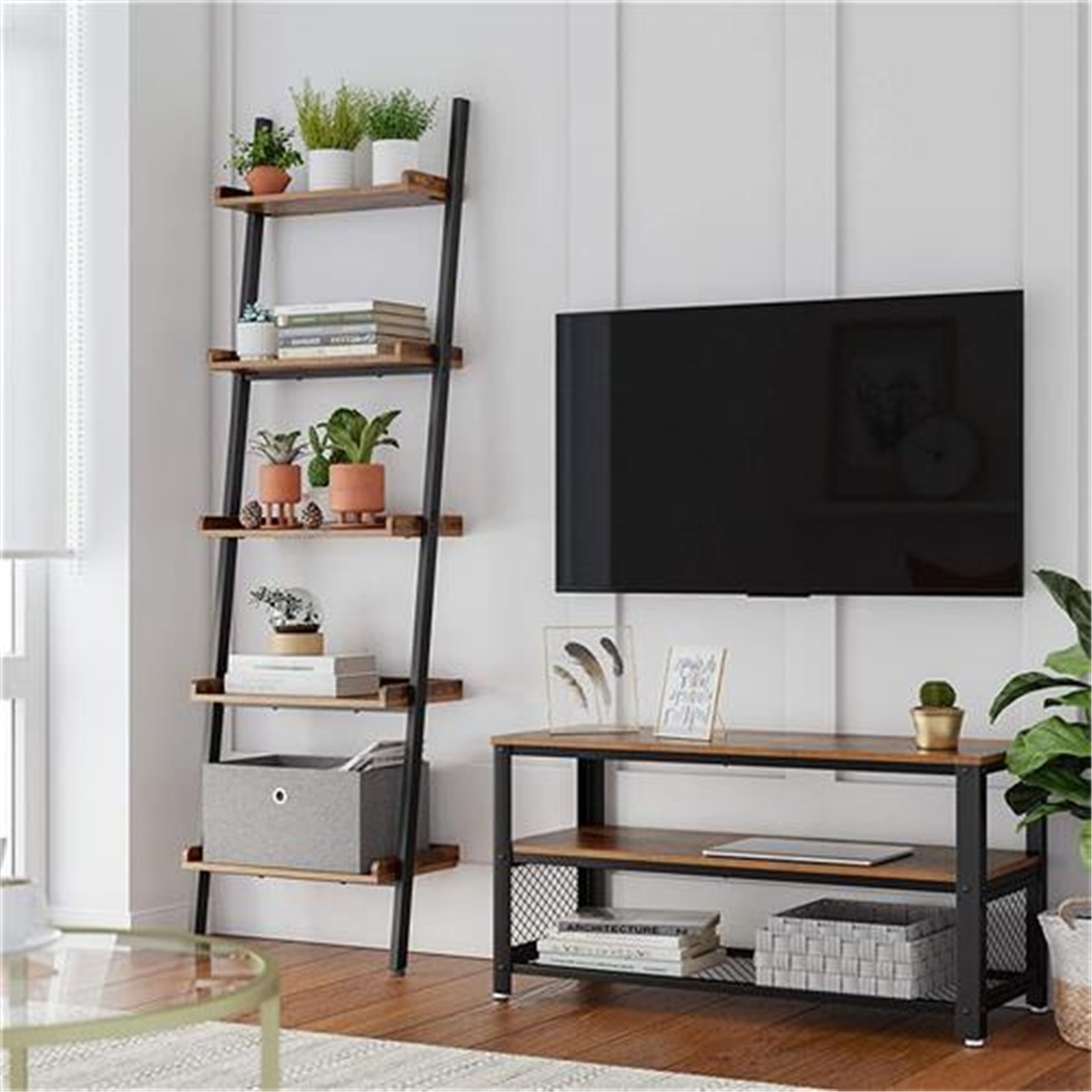 Etagère SORA, 64x34x186 cm, Design Moderne en Echelle en Bois Marron et Noir