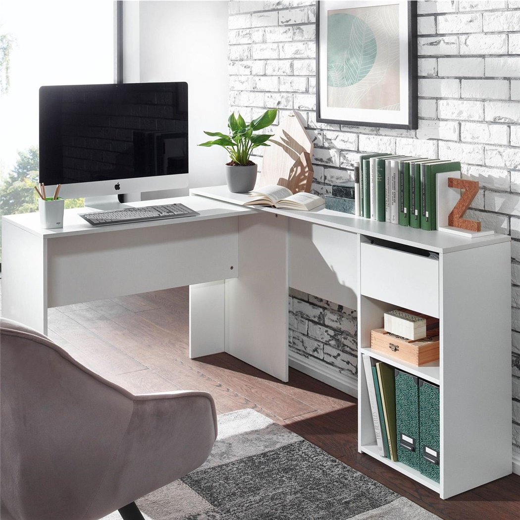 Bureau d'Ordinateur EMPIRE, Étagère Modulable Avec Tiroir, Dimensions 145x106,5x76,5 cm, En Bois, Blanc