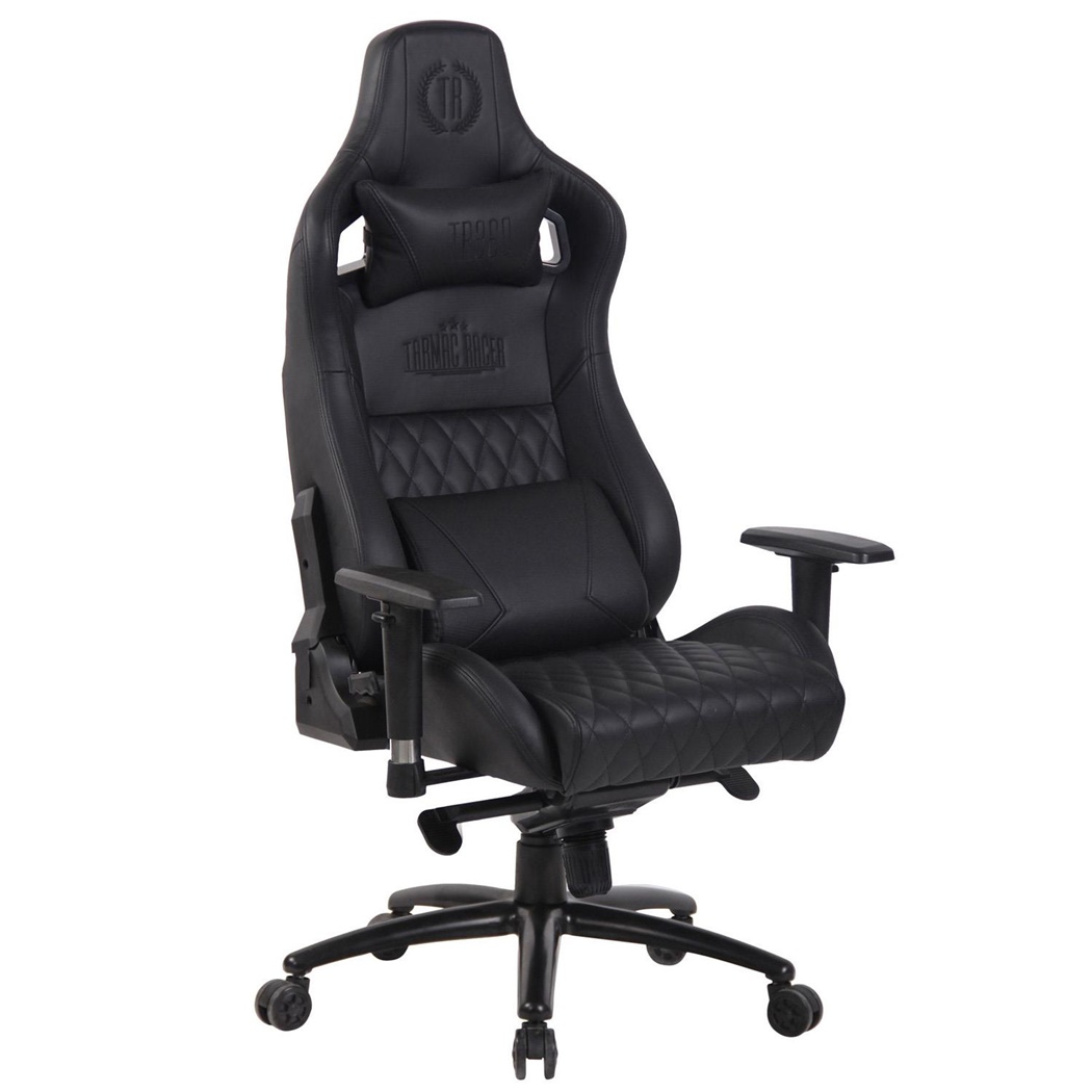 Fauteuil Gaming KAREN, Dossier Inclinable, Coussin Lombaire et Cervical, en Cuir Authentique, Noir