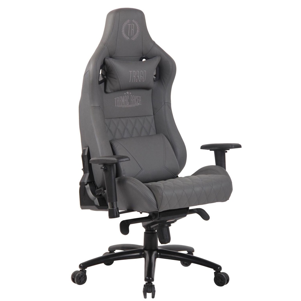 Fauteuil Gaming KAREN, Dossier Inclinable, Coussin Lombaire et Cervical, en Cuir Authentique, Gris