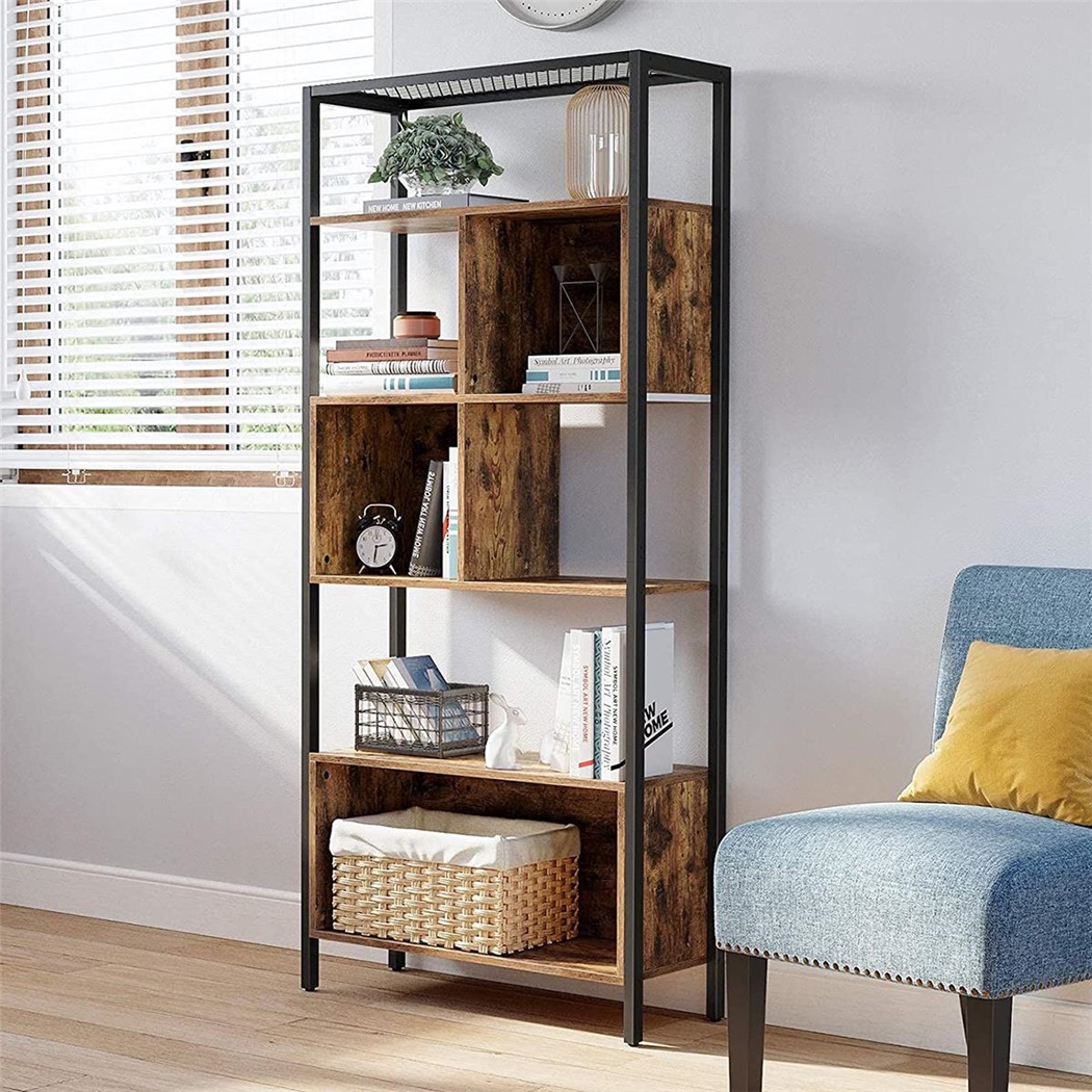 Bibliothèque de style industriel BECKY, 74x29,6x170 cm, Acier et Bois de Couleur Noyer