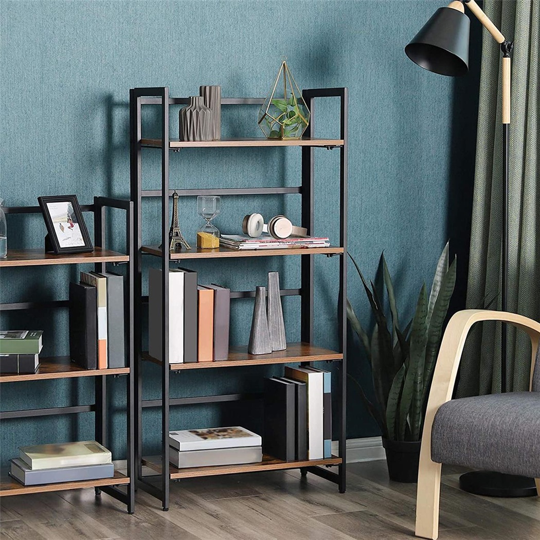 Bibliothèque de style industriel OCEAN, 60x30x125.5cm, Acier et Bois, Couleur Noyer