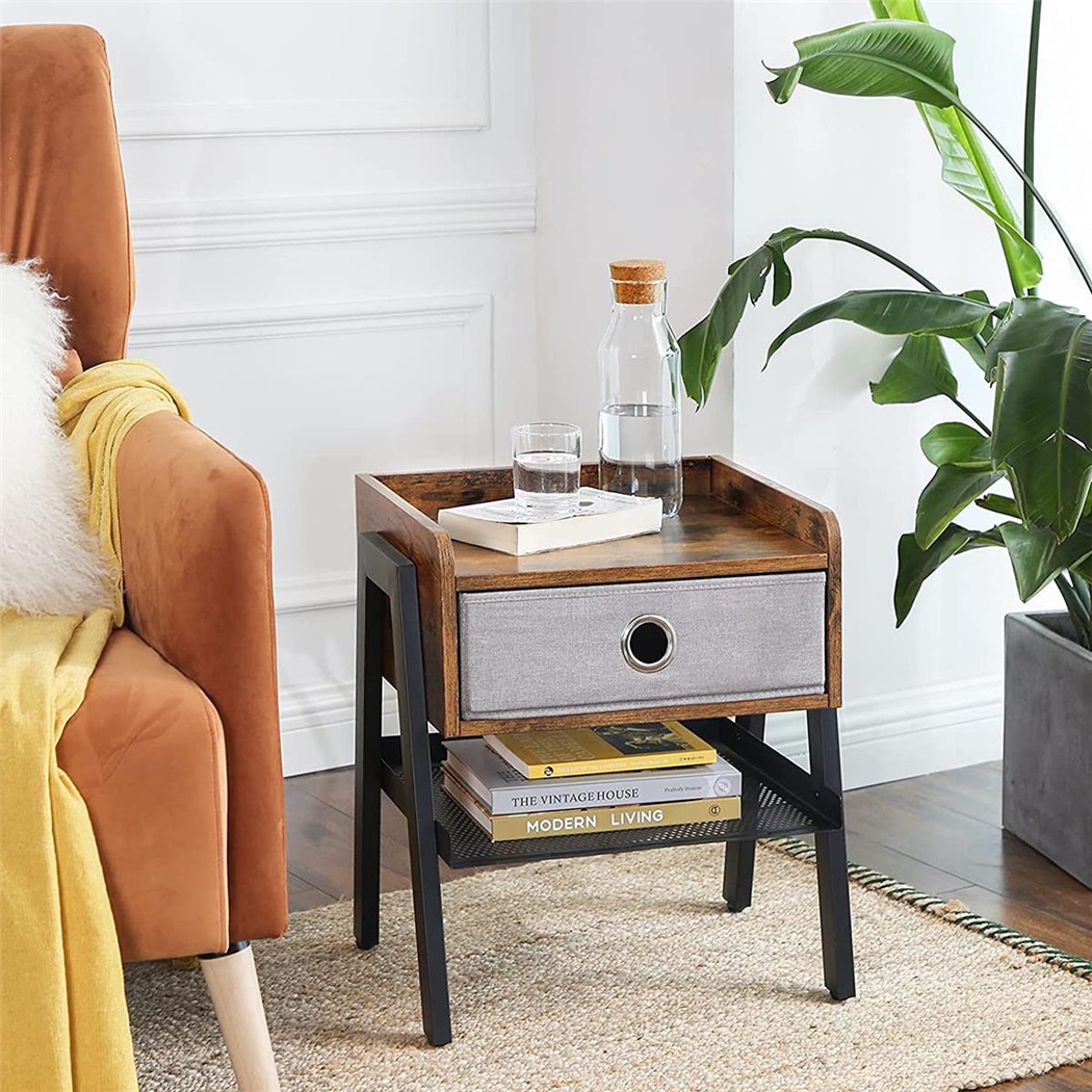 Commode WALLE, 46x35x52.5 cm , avec Tiroir en Tissu et Etagère, en Métal et Bois, Noyer
