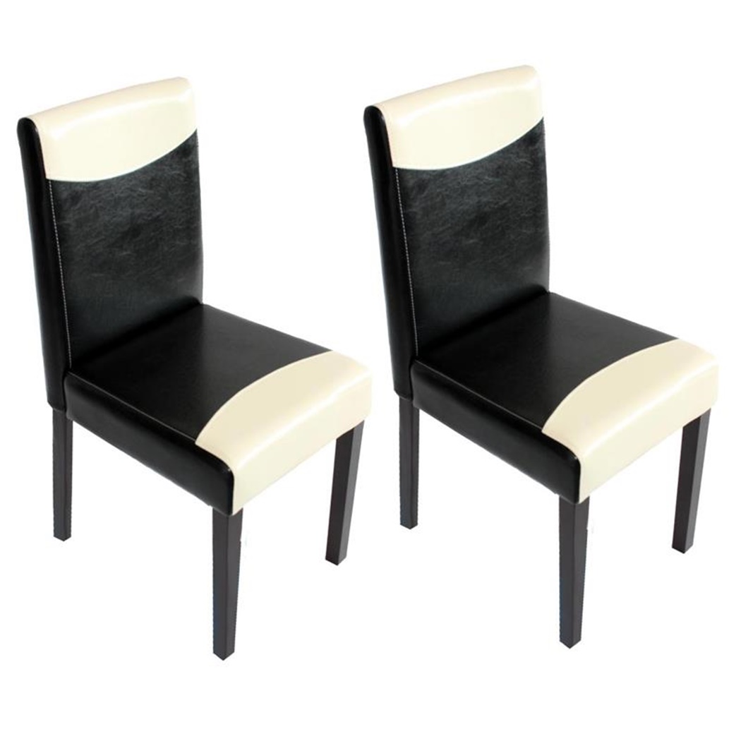 Lot de 2 Chaises de Salle à Manger LITAU BICOLORE, Cuir Crème et Noir, Pieds Noirs