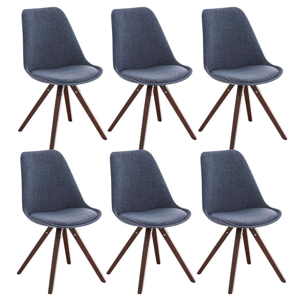 Lot de 6 Chaises de Salle à Manger BAHIA TISSU, Bleu et Pieds en Bois de Noyer